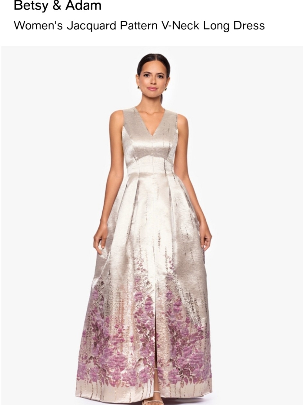 Betsy & Adam Metallic Champagne Maxi Dress with Pink Floral Hem